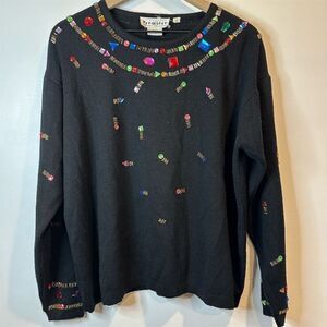 Vintage Première Beaded Jeweled Black Wool Sweater Women's M Retro Style